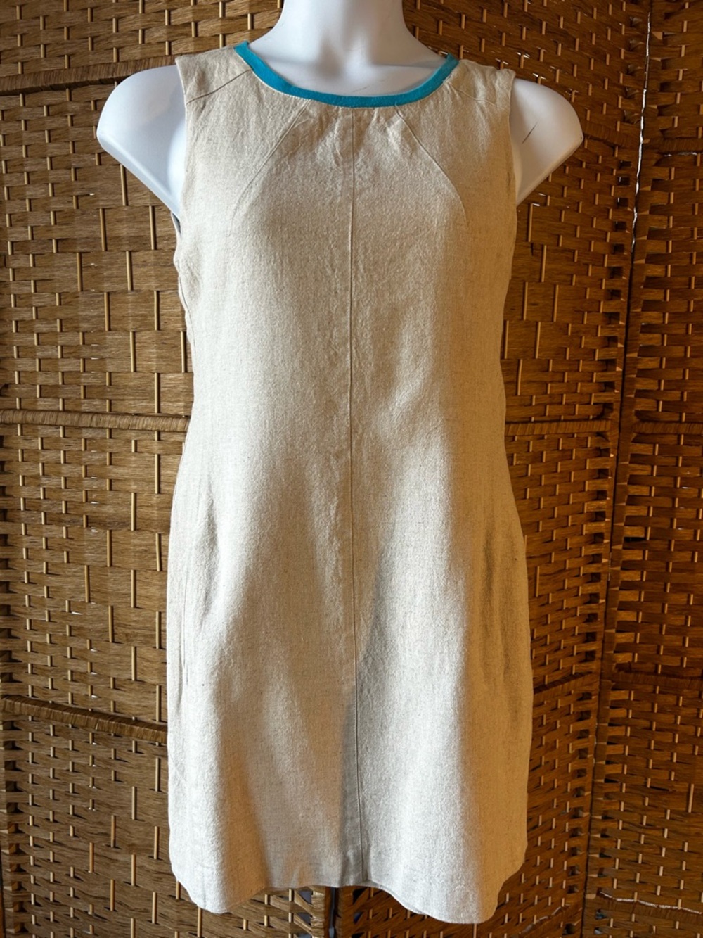 Linen Blend Shift Dress 14 Ivory Blue Trim Pockets Made in USA Saks